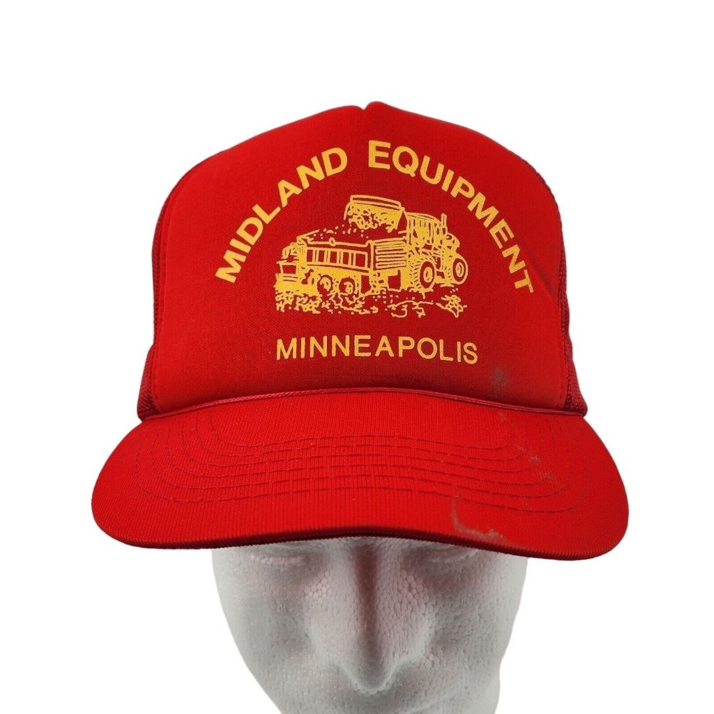 Vintage Trucker Hat Midland Equipment Minneapolis Red Yellow Mesh Snapback